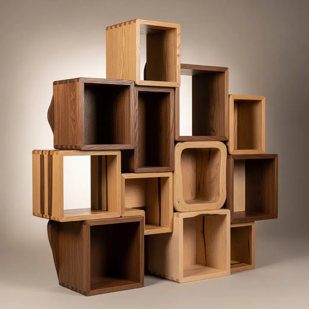 Organisk bogreol med modulære kuber i flere træsorter